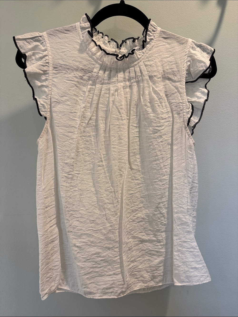 English Factory White Ruffle Trim Sleeveless Top with Black Edge
